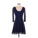 Free People Casual Dress - A-Line Scoop Neck 3/4 sleeves: Blue Print Dresses - Women's Size Small