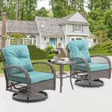 3 Piece Patio Swivel Rocker Chairs Set 2 360-Degree Swivel Rocking Chairs with 1 Glass Top Table PE Rattan Outdoor Bistro Set with Cushions for Balcony Deck Poolside Backyard Porch
