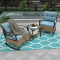 Rattan Rocking Chair Set of 2 Outdoor Balcony Furniture Leisure Cushioned Sofa Chair with Storage Coffee Table 3 Pieces Patio Furniture Chat Set for Garden Blue