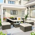 TANSTC Gray 5-Piece Wicker Outdoor Sectional Set with Beige Cushions and Lift Top Coffee Table Adustable Backrest Cushions Ottomans