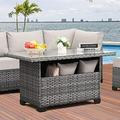 TJUNBOLIFE Outdoor PE Wicker Coffee Table - Patio Rattan Garden Multi-Functional Tea Table with Glass Top Dark Brown