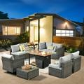 HOOOWOOO 10 PCS Outdoor Patio Furniture Set Wicker Conversation Set with Coffee Table Fire Pit and Swivel Rocker Grey