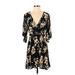 Xhilaration Casual Dress - A-Line Plunge 3/4 sleeves: Black Floral Dresses - Women's Size X-Small