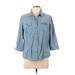 Croft & Barrow 3/4 Sleeve Button Down Shirt: Blue Checkered/Gingham Tops - Women's Size Large