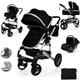 Baby Buggy Pram Pushchair Stroller 3 in 1 Child Lightweight Folding Stroller 3 in 1 Travel System Pram for Newborns & Toddlers 0-36 Months from Birth Aluminum (Grey - Rose Gold Frame)