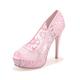 ZhiQin Women Slip on Bridal Wedding Shoes Lace Peep Toe Pumps High Heel Peep Toe,Pink,4 UK