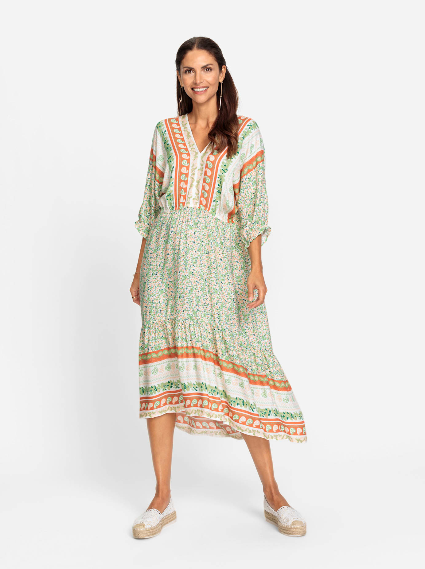 Sommerkleid INSPIRATIONEN "Kleid", Damen, Gr. 23, Kurzgrößen, orange (ecru, orange, gemustert), 100% Viskose, gemustert, wadenlang, V-Ausschnitt, Kleider Image