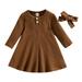 Toddler Baby Girl Knit Sweater Dress Infant Solid Color Ribbed Long Sleeve Dresses with Bow Headband Casual Fall Winter Outfits