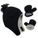 Pilot Hat for Kid Warm Fleece Beanie Cap Toddler with Earmuffs Trapper Hat and Mitten Set for Boys and Girls Sherpa Lined Earflap Cap Infant Black 3-6 Months