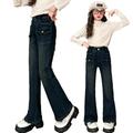 KYAIGUO 4-14Y Girls Winter High Waisted Ripped Raw Hem Flare Bell Bottom Jeans Fleece Denim Pants for Toddler Kids