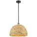 Woven Rattan 15.75"W Black Brass Stem Hung Pendant With Natural Shade