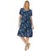 Plus Size Women's Woven Button Front Crinkle Dress by Woman Within in Navy Painterly Bouquet (Size 5X)