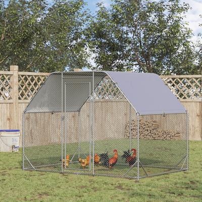 PawHut Large Chicken Coop Metal Chicken Run with Waterproof and Anti-UV Cover, Flat Shaped Walk in Fence Cage Hen House