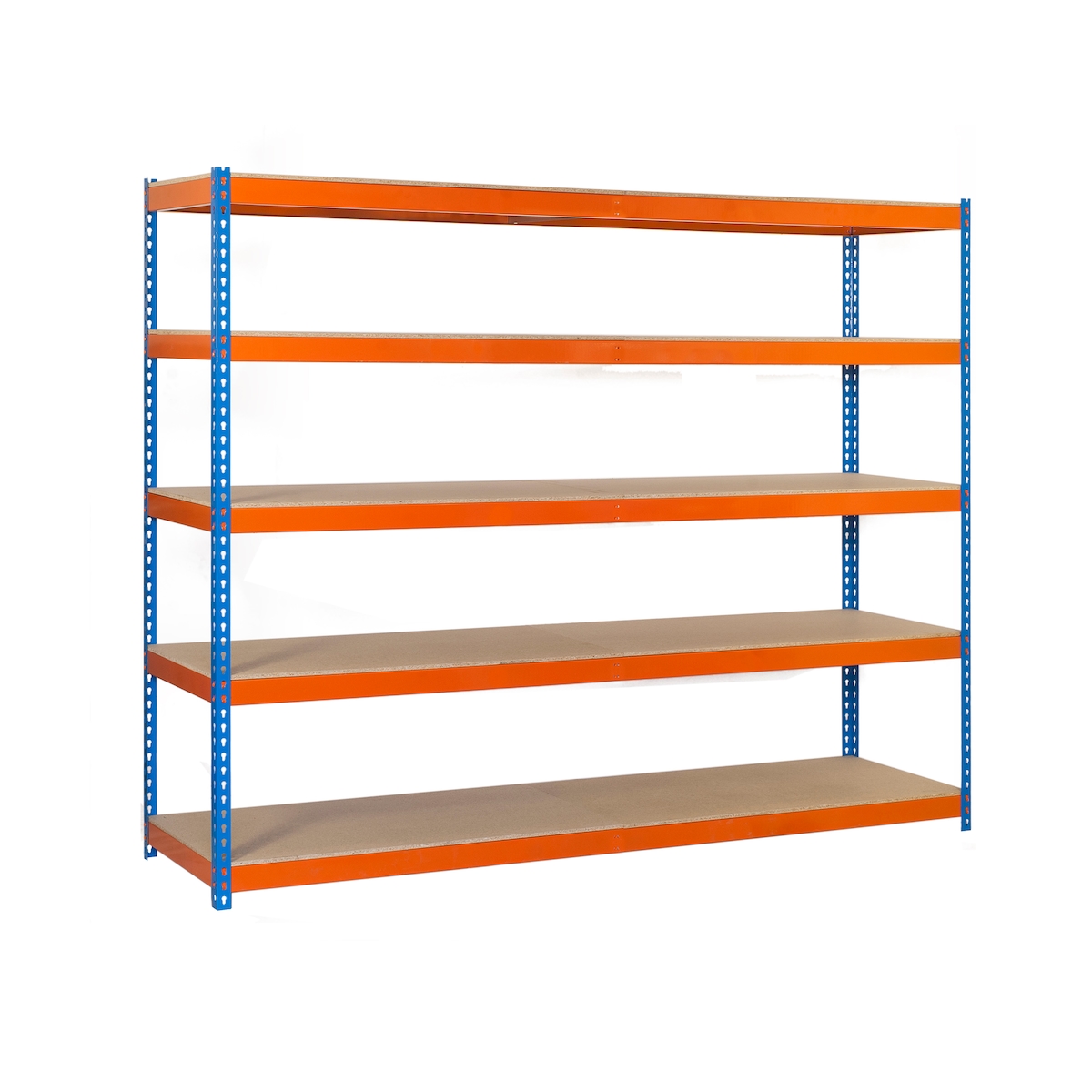 SimonRack Metallregal ohne Schrauben mit Simonforte 5 Regale. Blau/Orange/Holzfarbe 2500x1500x750 mm Image