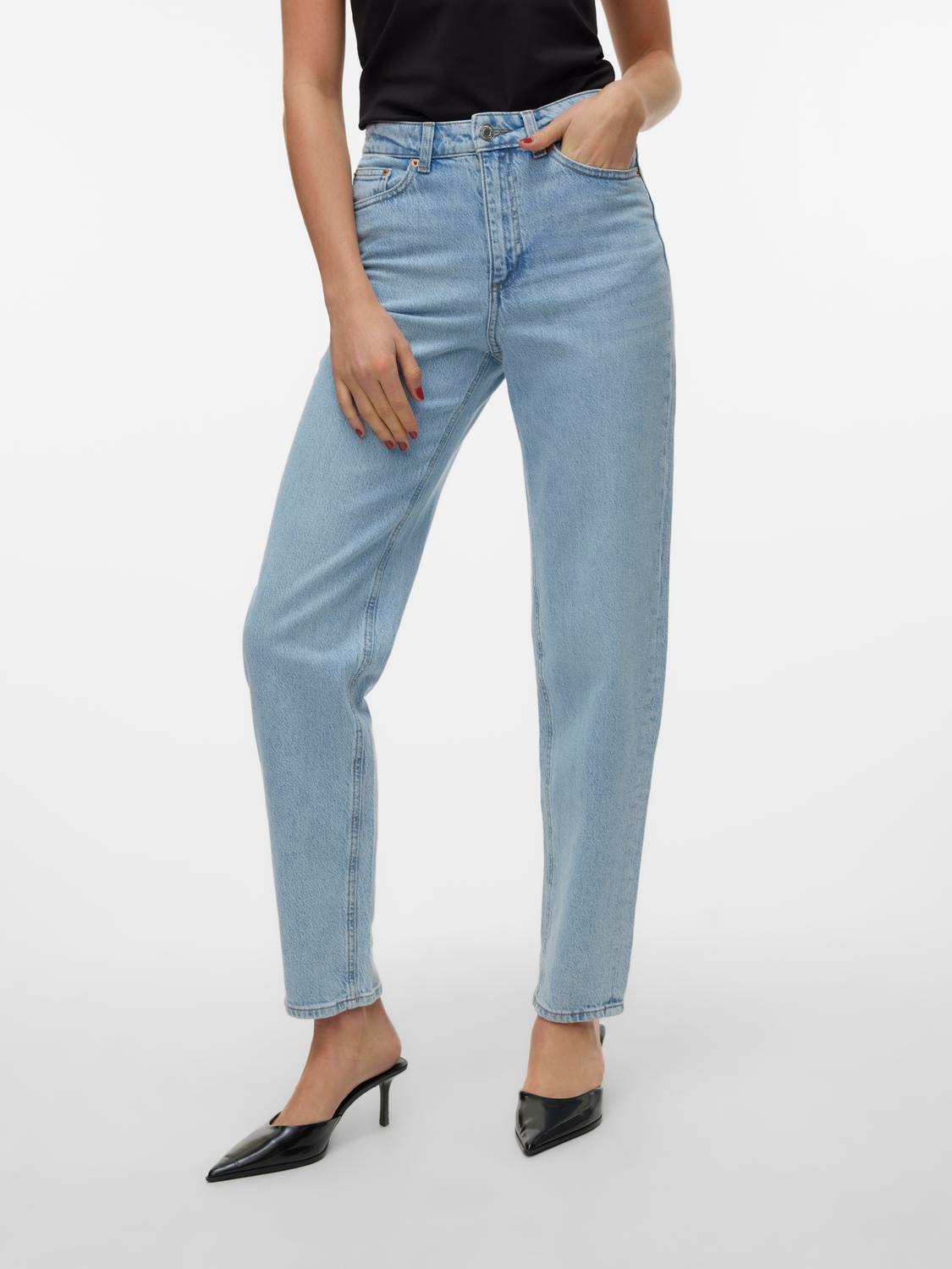 High-waist-Jeans VERO MODA "VMTESSA HR MOM JEANS RA389 GA NOOS", Damen, Gr. 27, Länge 32, blau (light blau denim), Denim/Jeans, Obermaterial: 99% Baumwolle, 1% Elasthan, unifarben, Jeans High-Waist-Jeans