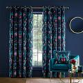 Catherine Lansfield Mya Tropical Floral 66x54 Inch Lined Eyelet Curtains Two Panels Navy Blue