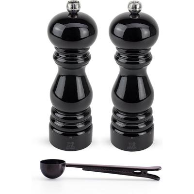 Peugeot Paris u'Select Salt & Pepper mill, Gift Set, Black Lacquer - With Stainless Steel Spice Scoop/Bag Clip (7 Inch)