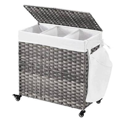 Handwoven PP Rattan 3-Bag Laundry Basket Cart with Cotton Liner on Wheels - 26” x 13” x 23.6”