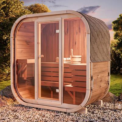 Fasssauna Elipso, Moderne Outdoor Sauna inkl. Dacheindeckung, Kompakte Gartensauna mit Glasfront,