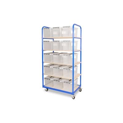 BRB Etagenwagen mit 5 Ebenen BxTxH 1050x500x1880 mm, 2 Lenk- (mit Feststellbremse) u. 2 Bockrollen mit 15 Clipboxen je 22 Liter Image
