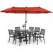 & William Patio Dining Set with 13ft Double-Sided Patio Umbrella 8 Piece Metal Outdoor Table Furniture Set with 6 Outdoor Stackable Chairs 1 Rectangle Dining Table and 1 Large Navy