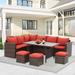 Furniture Set 7PCS Outdoor Conversation Set All Weather Brown Wicker Sectional Sofa Couch Dining Table Chair with Ottoman Ivory Cushion