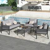 4 Piece Rope Patio Furniture Set Outdoor Furniture with Tempered Glass Table Patio Conversation Sets with Deep Seating & Thick Cushion for Yard Pool Backyard Grey