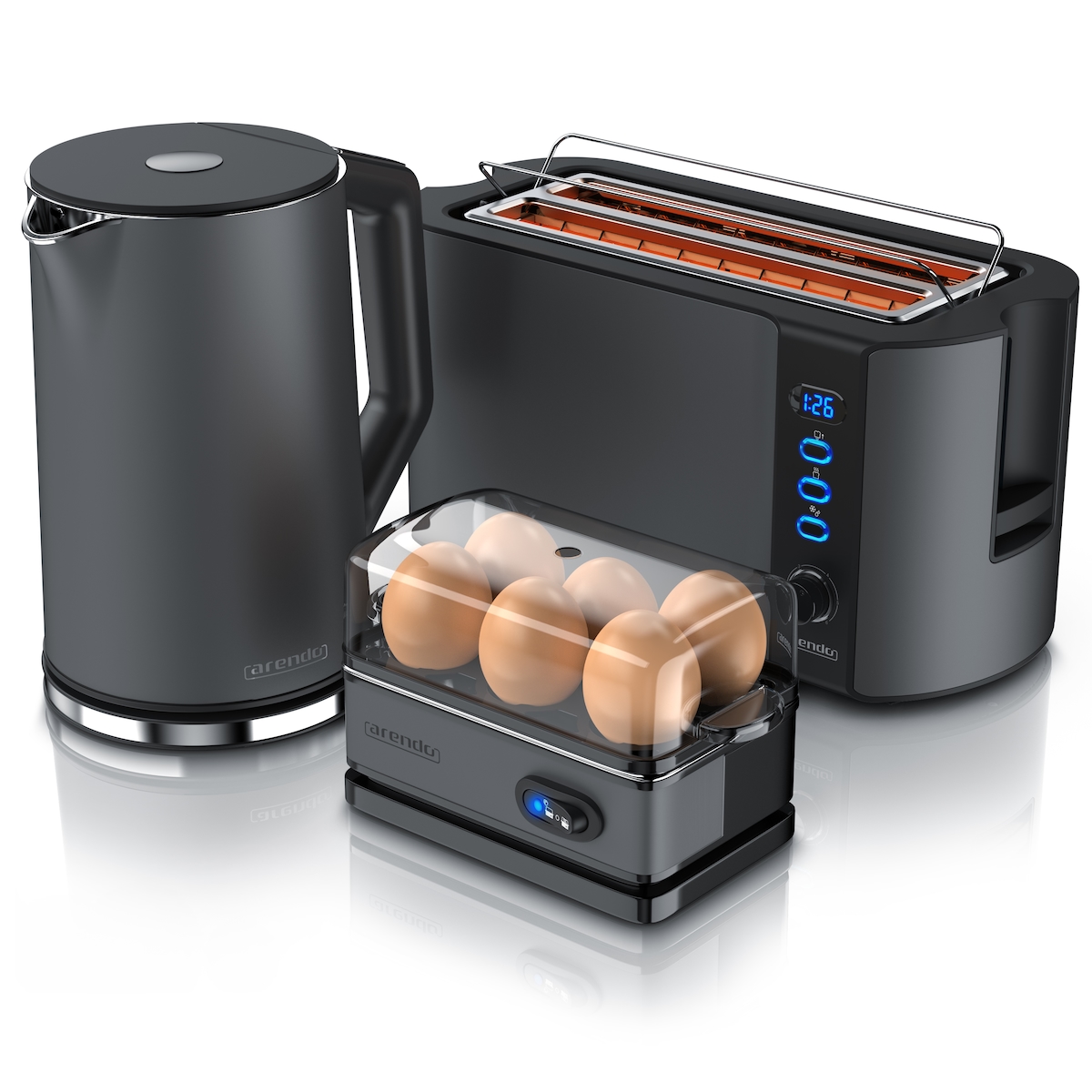 Arendo 3-teiliges Frühstücksset - Wasserkocher 1,5l, 4-Scheiben Toaster, 6er Eierkocher, Grau Image
