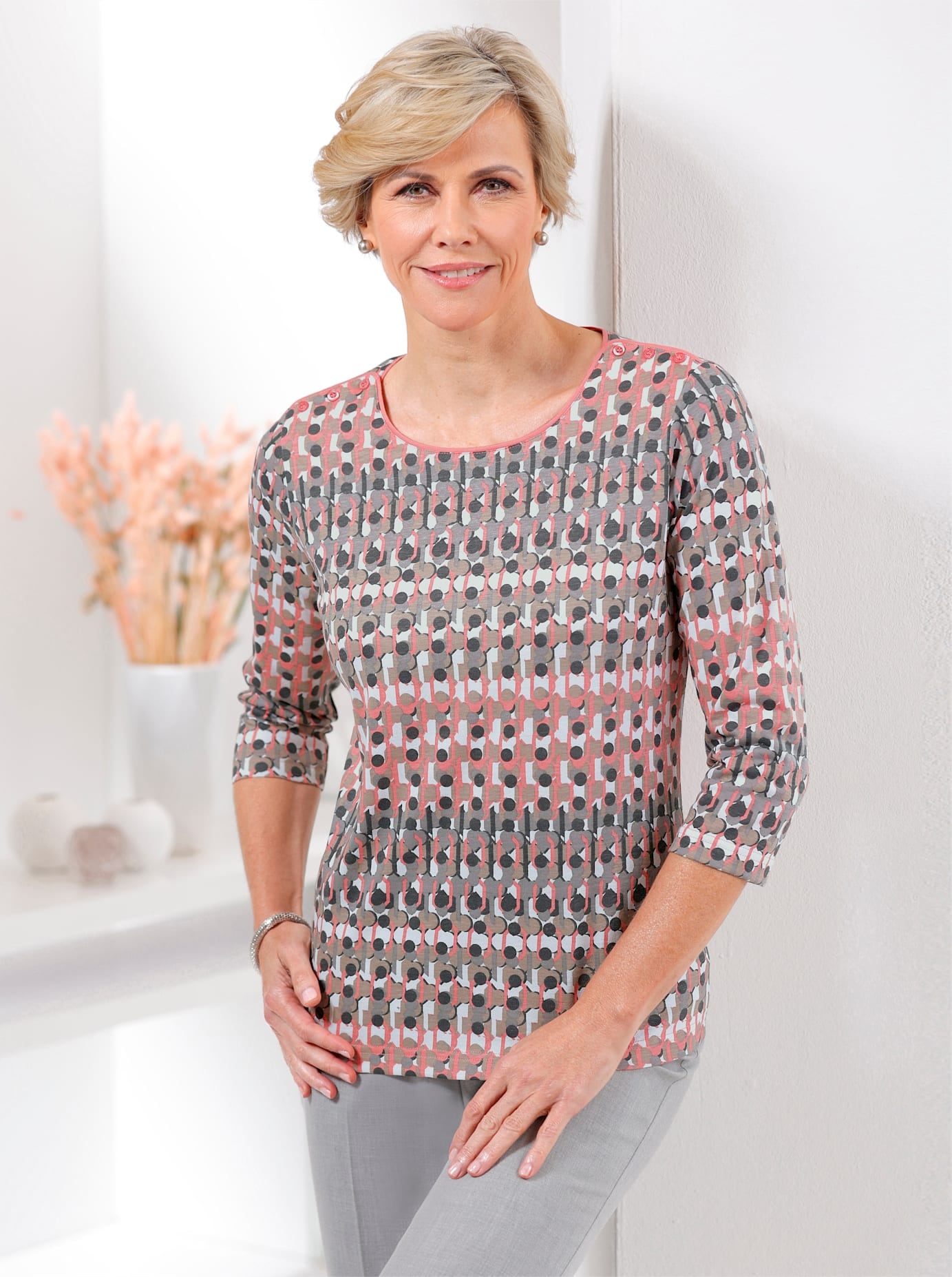 Rundhalsshirt CLASSIC "Shirt", Damen, Gr. 40, rosa (flamingo, grau, bedruckt), 50% Baumwolle, 50% Modal, gemustert, mehrfarbig, Rundhals, Shirts Rundhalsshirt