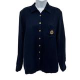 Ralph Lauren Tops | Lauren Ralph Lauren 100% Silk Button Up Long Sleeve Shirt Crest Embroidered Top | Color: Blue/Gold | Size: Various