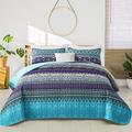 WONGS BEDDING Boho Queen Quilt Set, Blue Purple Bohemian Queen Quilt Bedding Set, Lightweight Microfiber Bed Decor Bedspread for All Season 96"x90"(3 Pieces)