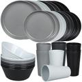 Greentainer Unbreakable Plastic Dinnerware Sets, 32 pcs Lightweight Camping Tableware Set, Microwave & Dishwasher Safe Plates Set, Bowls, Cups Mugs, Service for 8, Great for Kids & Adults,Black