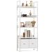 5 Tier Bookshelf with Drawers, White Tall Bookcase with Shelves, Wood and Metal Book Shelf Organizer, Modern Display Shelf Unit