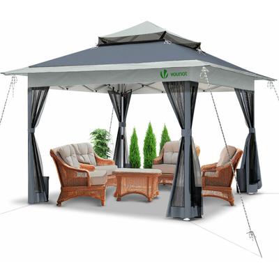 Vounot - Pavillon 3,6x3,6m, Pop Up Partyzelt mit Mesh Sides & Doppeldach Faltpavillon Grau