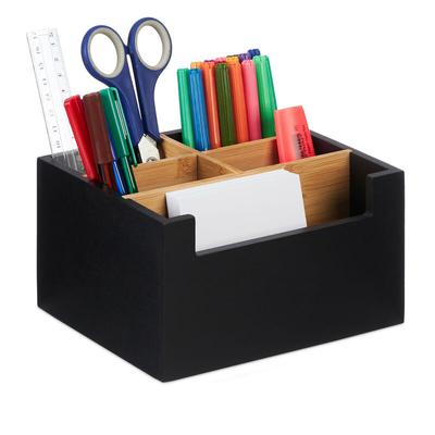 Schreibtisch Organizer, Bambus, 5 Fächer, für Bürobedarf & Kosmetik, Stiftebox, hbt: 9,5 x 18 x 15