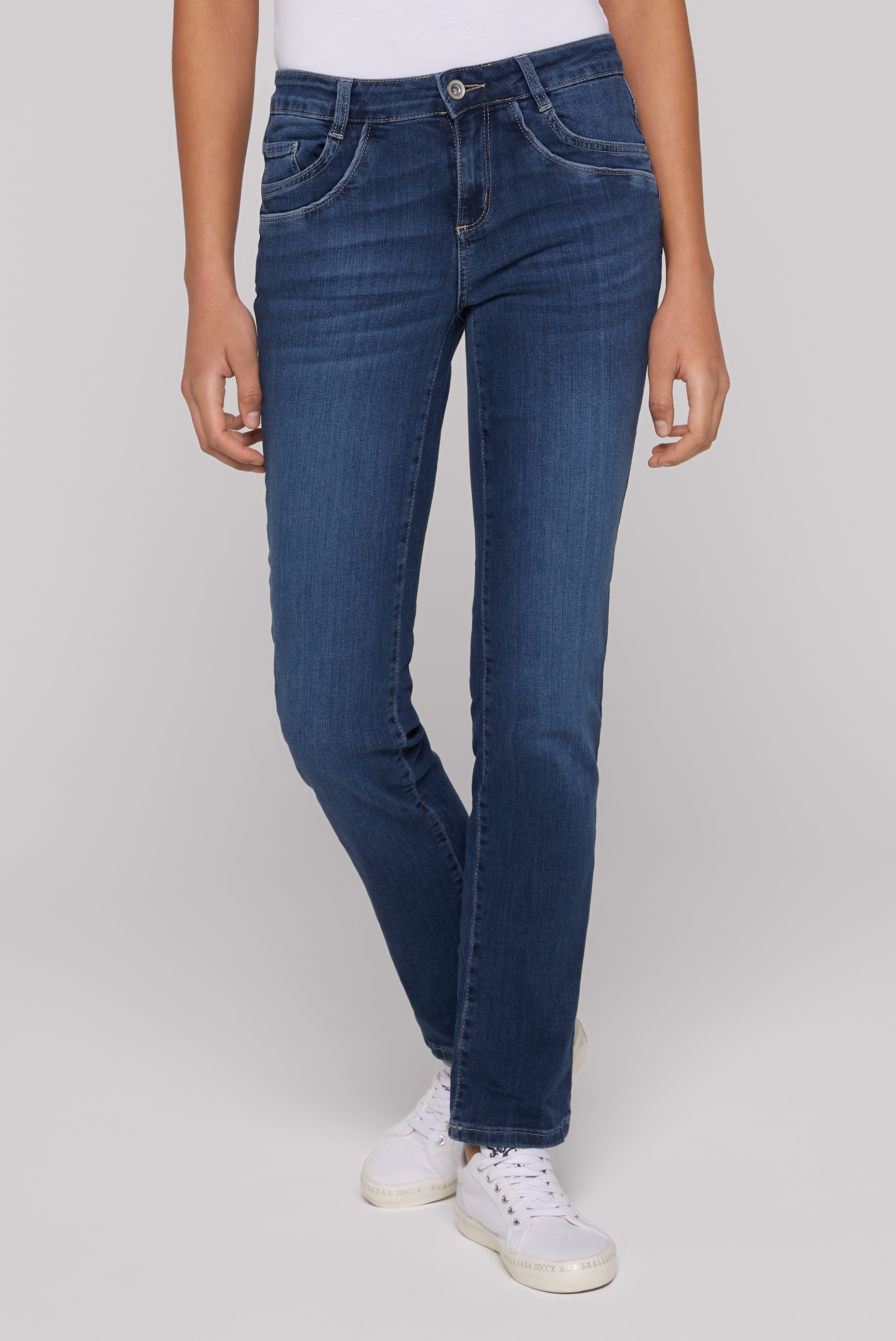 Regular-fit-Jeans SOCCX, Damen, Gr. 32, Länge 32, blau, Material: 98% Baumwolle, 2% Elasthan, Zusatz: Enthält nichttextile Teile tierischen Ursprungs (Badge), Abriebeffekte, regular fit, Jeans, mit normaler Leibhöhe Image
