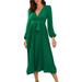 VBARHMQRT Female Spring Dresses for Women 2024 Womens Large Solid Color Long Sleeve Slim Pleated Belt V Neck Loose Dress Overall Dress Winter Formal Dresses