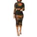 VBARHMQRT Female Casual Dresses for Women Long Sleeve Women 3Pcs Crop Top Short Skirt Set with Tropical Print Sheer Mesh Bodycon Long Dress Black Slip Dress Black Long Sleeve Dress Women