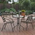 Flash Furniture 23.75 Round Glass Top Metal Table with 2 Bronze Aluminum Slat Stack Chairs