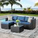 Patio Set 3 Piece Outdoor Sectional Patio Sofa All Weather Wicker Rattan Outdoor with Glass Table and Cushions(Black/Aegean Blue)