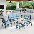 Summit Living 7 Pcs Outdoor Conversation Set Metal Patio Furniture Sofa Set for 9 Person with Blue Cushions