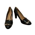 Nine West Shoes | Nine West Black Leather Upper Gold Hardware Heels Round Toe Shoes Size 8.5 | Color: Black/Gold | Size: 8.5