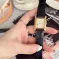Montre-bracelet à quartz vintage avec grand bracelet en cuir cadran romain rectangulaire or