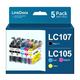 LC105 LC107 Super High Yield Ink Cartridge Replacement for Brother LC-107 LC-105 LC107 LC105 XXL used with MFC-J4510DW 4610DW MFC-J4710DW MFC-J4310DW J4410DW Printer(5 Pack 2BK & 1each CMY)