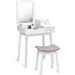 Vanity Table Set with Mirror Stool Folding Flip Mirrored Large Organizer Women Bedroom Wood Cushioned Bench Girls Makeup Dressing Table Sets w/ 2 Drawers White