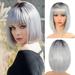 Short Bob Wigs for Women 12 Inch Black Bob Hair Wig with Bangs Silky Soft Synthetic Fibers Wigs Hair for Cosplay Daily Party(12 Inch Ombre Grey)