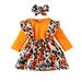 Newborn Infant Girl Fall Clothes Ruffle Long Sleeve Letter Print Floral Romper Tops Bow Suspender Skirt Overall Dress Headband Set