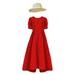 Fattazi Girls New Summer Red Polka Dot Round Neck Bubble Sleeve Big Bow Princess Dress+Sun Hat