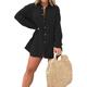 Barcelona Breeze Romper Dress Set, Women's Linen Beach Cover Up Slit Solid Color Long Sleeve Shirt Shorts Suit (Black,4XL)