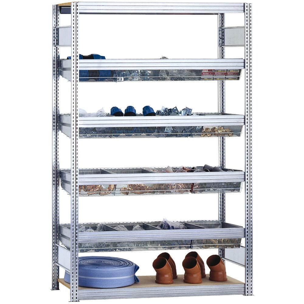 PROREGAL Kleinteileregal FALKE Stecksystem mit Gitterwannen | Grundregal | HxBxT 200x128x40cm | 6 Ebenen | Fachlast 150kg | Verzinkt Image
